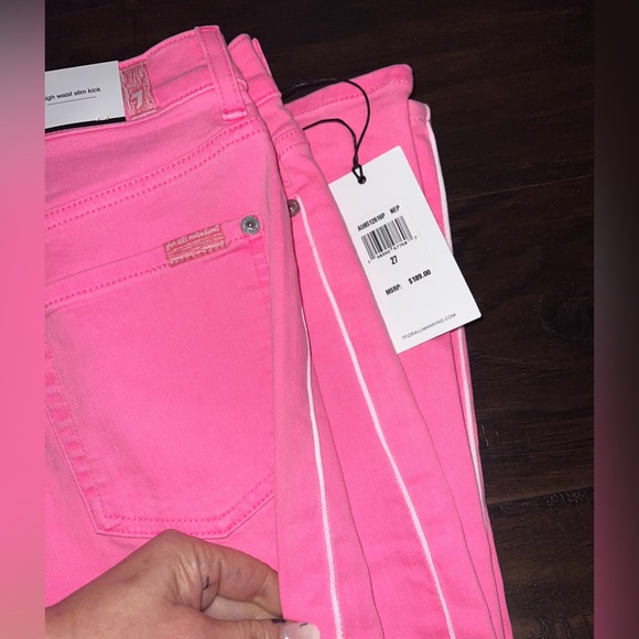 🩷 NWT! 7 for All Mankind Barbie Pink Stripe Flare Jeans - Picture 7 of 7